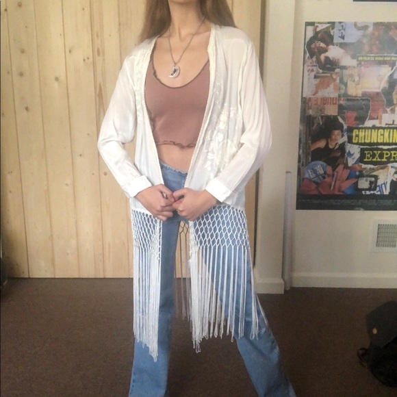 Off White Kimono w/ Fringe and Embroidered Flowers - Picture 2 of 12